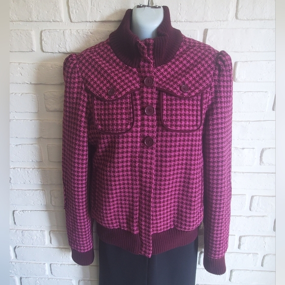 Billabong Lumber Jane Pink Plaid Tartan Wool Houndstooth Bomber Jacket Coat - Picture 16 of 16